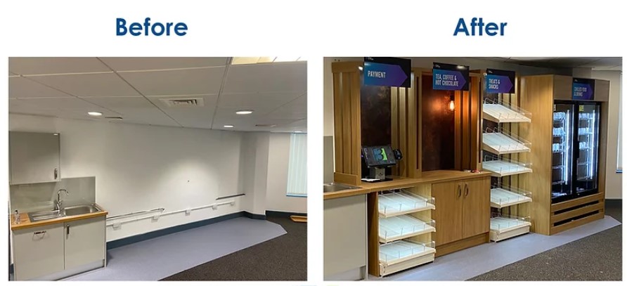 Break room in a Denver building before and after a Vendly install