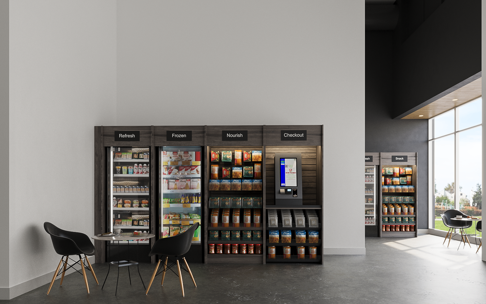 Micro market with coolers, snack shelves, self checkout kiosk, and cafe seating inside a Denver office building